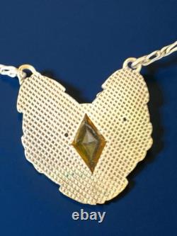 Antique Czech Ornate Floral Sterling Silver Pendant Necklace Amber Glass Window