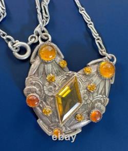 Antique Czech Ornate Floral Sterling Silver Pendant Necklace Amber Glass Window