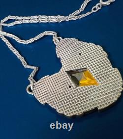 Antique Czech Ornate Floral Sterling Silver Pendant Necklace Amber Glass Window