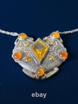 Antique Czech Ornate Floral Sterling Silver Pendant Necklace Amber Glass Window