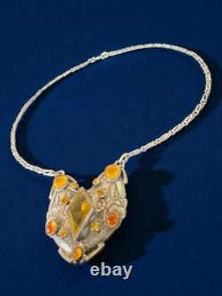 Antique Czech Ornate Floral Sterling Silver Pendant Necklace Amber Glass Window