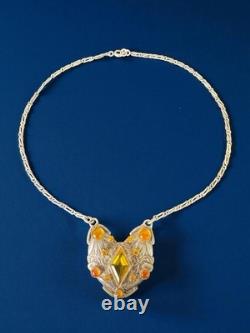 Antique Czech Ornate Floral Sterling Silver Pendant Necklace Amber Glass Window