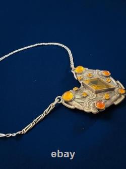 Antique Czech Ornate Floral Sterling Silver Pendant Necklace Amber Glass Window