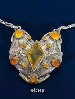 Antique Czech Ornate Floral Sterling Silver Pendant Necklace Amber Glass Window