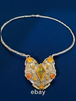 Antique Czech Ornate Floral Sterling Silver Pendant Necklace Amber Glass Window