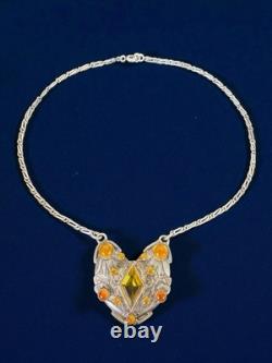 Antique Czech Ornate Floral Sterling Silver Pendant Necklace Amber Glass Window