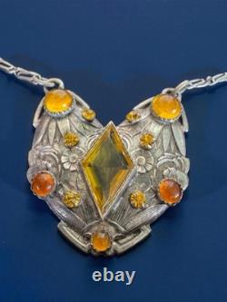 Antique Czech Ornate Floral Sterling Silver Pendant Necklace Amber Glass Window