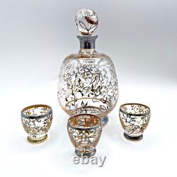 Antique Czech Sterling Silver Overlay Decanter & Cordials Set Art Glass 1915s