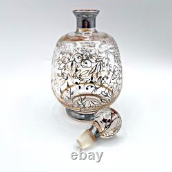 Antique Czech Sterling Silver Overlay Decanter & Cordials Set Art Glass 1915s