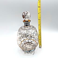 Antique Czech Sterling Silver Overlay Decanter & Cordials Set Art Glass 1915s
