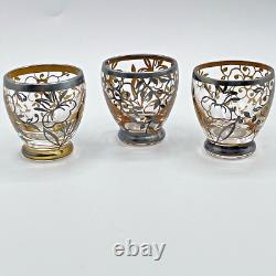 Antique Czech Sterling Silver Overlay Decanter & Cordials Set Art Glass 1915s