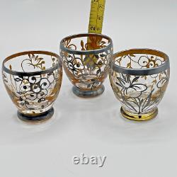 Antique Czech Sterling Silver Overlay Decanter & Cordials Set Art Glass 1915s
