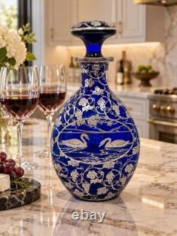 Antique DePasse Pearsall Cobalt Glass Decanter Sterling Silver Swans 9.5