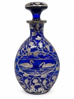 Antique DePasse Pearsall Cobalt Glass Decanter Sterling Silver Swans 9.5