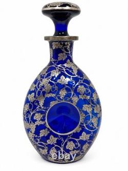 Antique DePasse Pearsall Cobalt Glass Decanter Sterling Silver Swans 9.5
