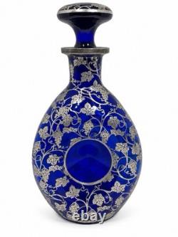 Antique DePasse Pearsall Cobalt Glass Decanter Sterling Silver Swans 9.5