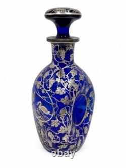 Antique DePasse Pearsall Cobalt Glass Decanter Sterling Silver Swans 9.5