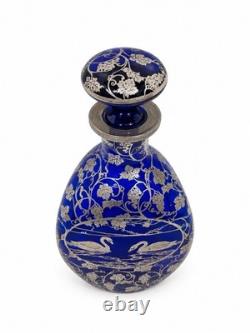 Antique DePasse Pearsall Cobalt Glass Decanter Sterling Silver Swans 9.5