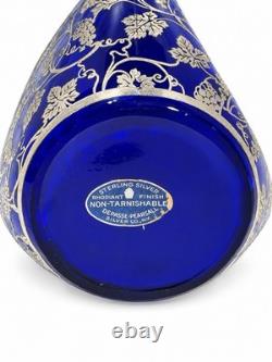Antique DePasse Pearsall Cobalt Glass Decanter Sterling Silver Swans 9.5