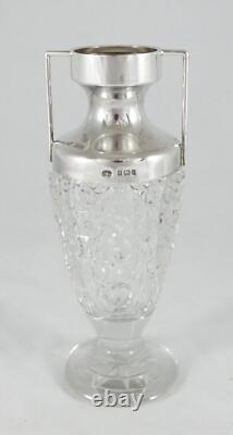 Antique Edwardian 1903 Sterling Silver & Cut Hobnail Glass Flower Vase Urn L&S