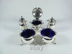 Antique Edwardian 1908 5pc Sterling Silver Cruet Set Blue Glass Mustard Salt Pot