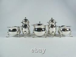 Antique Edwardian 1908 5pc Sterling Silver Cruet Set Blue Glass Mustard Salt Pot