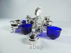 Antique Edwardian 1908 5pc Sterling Silver Cruet Set Blue Glass Mustard Salt Pot