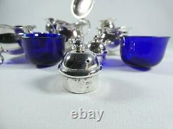 Antique Edwardian 1908 5pc Sterling Silver Cruet Set Blue Glass Mustard Salt Pot