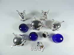 Antique Edwardian 1908 5pc Sterling Silver Cruet Set Blue Glass Mustard Salt Pot