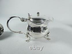 Antique Edwardian 1908 5pc Sterling Silver Cruet Set Blue Glass Mustard Salt Pot