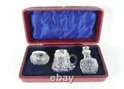Antique Edwardian 1909 3pc Sterling Silver Cut Glass Cruet Set in Original Box