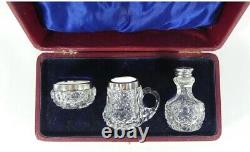 Antique Edwardian 1909 3pc Sterling Silver Cut Glass Cruet Set in Original Box