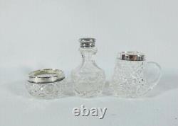 Antique Edwardian 1909 3pc Sterling Silver Cut Glass Cruet Set in Original Box