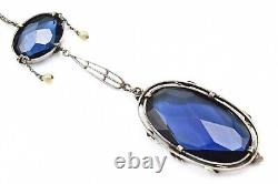 Antique Edwardian Sterling Silver Czech Blue Glass Festoon Lariat Necklace