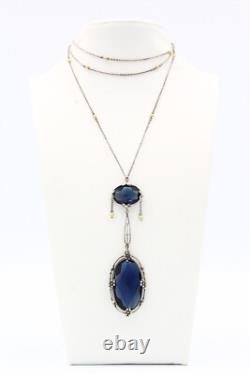 Antique Edwardian Sterling Silver Czech Blue Glass Festoon Lariat Necklace