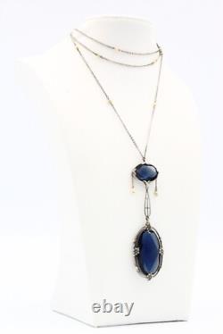 Antique Edwardian Sterling Silver Czech Blue Glass Festoon Lariat Necklace