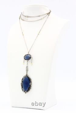 Antique Edwardian Sterling Silver Czech Blue Glass Festoon Lariat Necklace