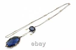 Antique Edwardian Sterling Silver Czech Blue Glass Festoon Lariat Necklace