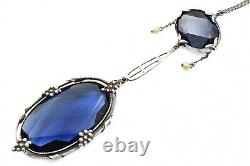 Antique Edwardian Sterling Silver Czech Blue Glass Festoon Lariat Necklace