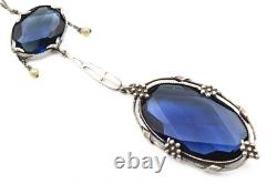 Antique Edwardian Sterling Silver Czech Blue Glass Festoon Lariat Necklace