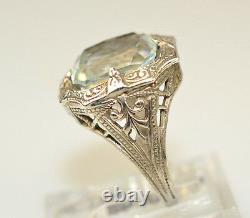 Antique Edwardian Sterling Silver Filigree Faux Aquamarine Ring Size 2.5