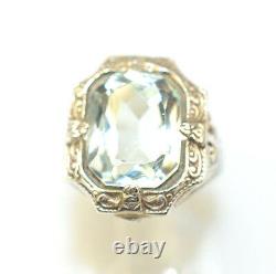 Antique Edwardian Sterling Silver Filigree Faux Aquamarine Ring Size 2.5