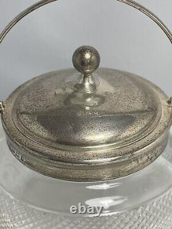 Antique England Sterling Silver & Cut Glass Biscuit Barrel Jar From 1905