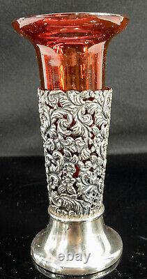 Antique English Decorative Sterling Silver Vase Ruby Red Glass Insert Walker Hal