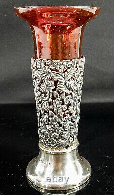 Antique English Decorative Sterling Silver Vase Ruby Red Glass Insert Walker Hal