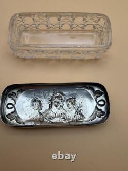 Antique English Sterling Silver Cut Glass Dresser Box Birmingham Repousse