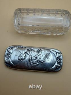 Antique English Sterling Silver Cut Glass Dresser Box Birmingham Repousse