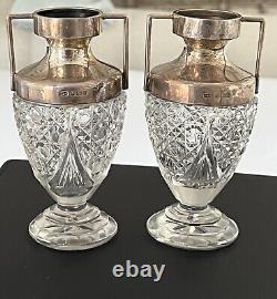 Antique English Sterling Silver Cut Glass PAIR Two Handle Vase Birmingham 1903