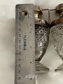 Antique English Sterling Silver Cut Glass PAIR Two Handle Vase Birmingham 1903