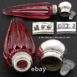 Antique English Sterling Silver & Cut Ruby to Clear Glass Scent, Perfume Bottle